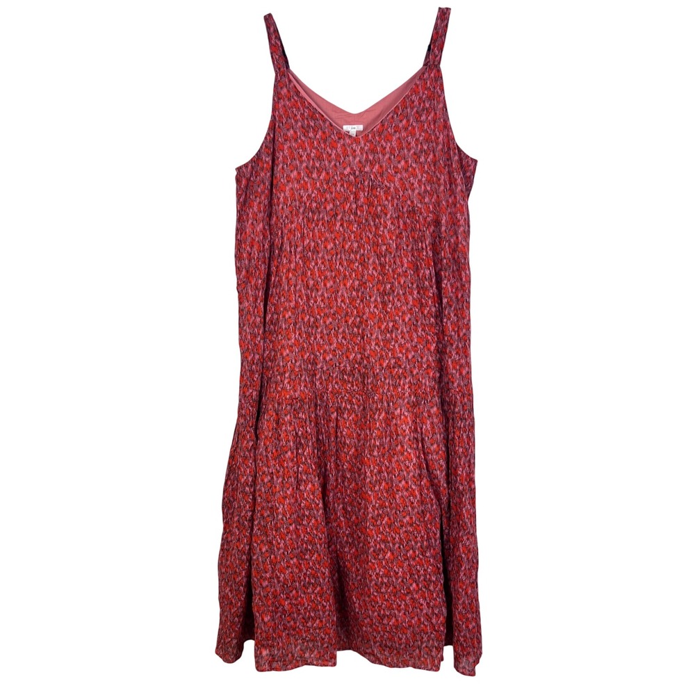 Joie Red Pink Abstract Print Tiered 100% Cotton Lined Maxi Dress Size L (D757) - Picture 2 of 9